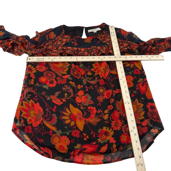 LOFT Women's Blouse size Medium Long Sleeves Black Red Orange Floral Career - Picture 5 of 6